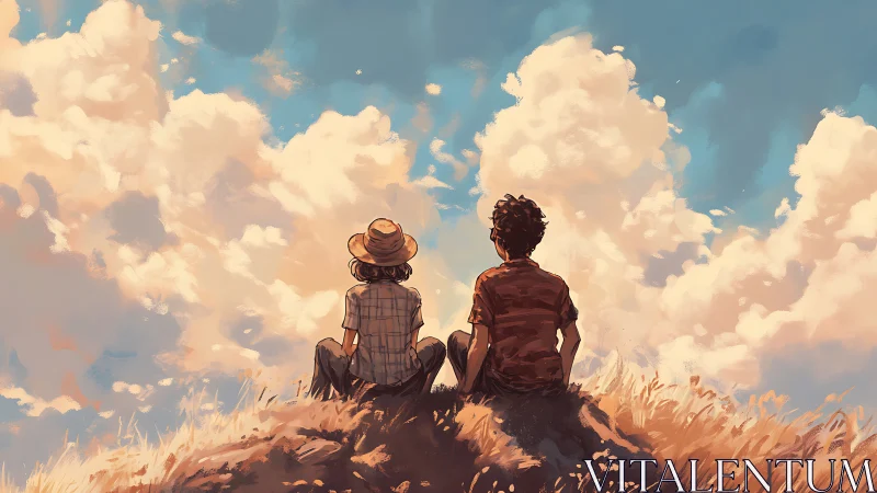 Summer hillside quietude with two friends under clouds.