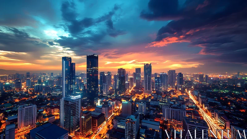 Dense modern city skyline under vivid sunset sky.