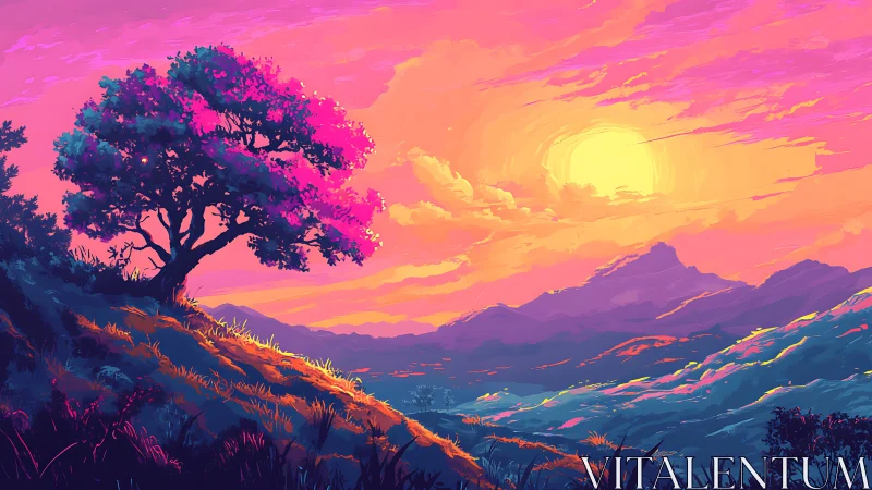 Solitary hillside tree under saturated sunset sky.