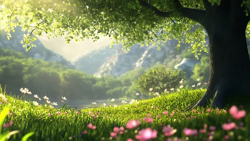 Sunlit meadow haven beneath a peaceful whispering tree.