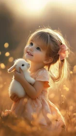 Young girl with white rabbit in golden sunrise light.