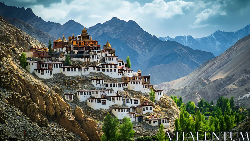 Hilltop monastery complex in arid mountain landscape.