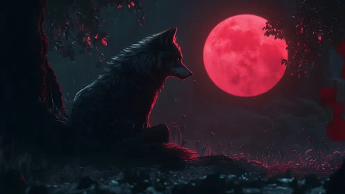 Moon-drenched wolf lingers beneath a crimson midnight sun