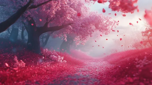 Pink blossom forest path under falling petals at dusk.