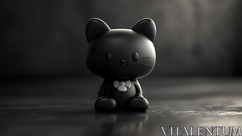 3D minimalist black cat figurine on cinematic dark ground.
