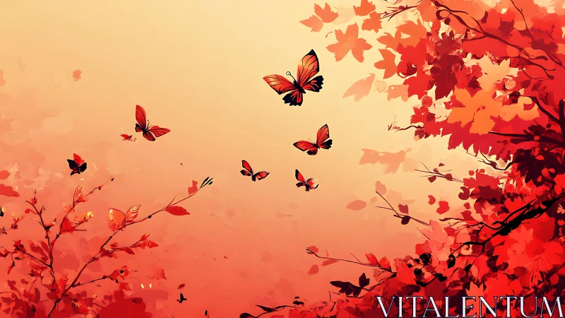 Autumn butterflies drift through crimson foliage glow.