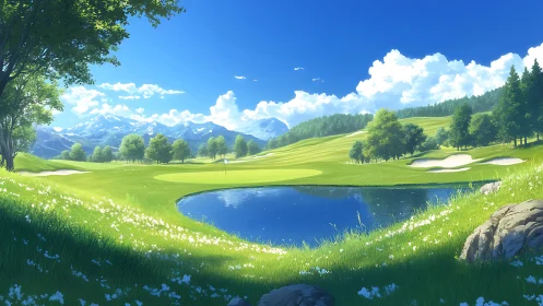 Sunny mountain golf course surrounds reflective water hazard