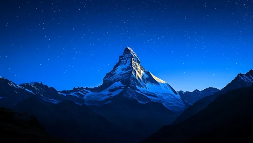 Starlit alpine peak rises calmly under a deep sapphire sky