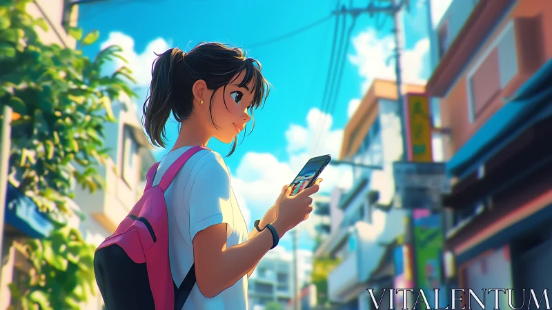 Anime girl walks through sunny city street checking phone