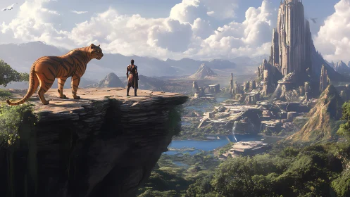 A Warrior Encounters a Majestic Tiger in a Breathtaking Fantasy World.