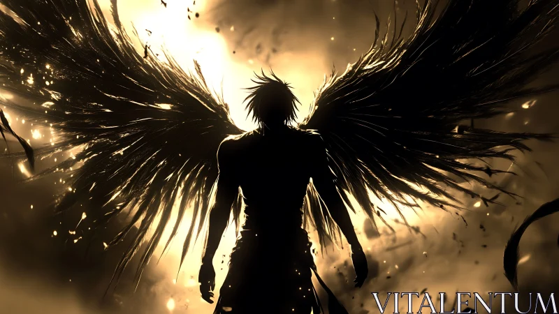 Dark-winged figure stands against blazing celestial light