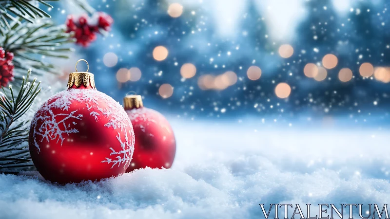 Crimson snow-kissed baubles glowing in a dreamy winter hush.