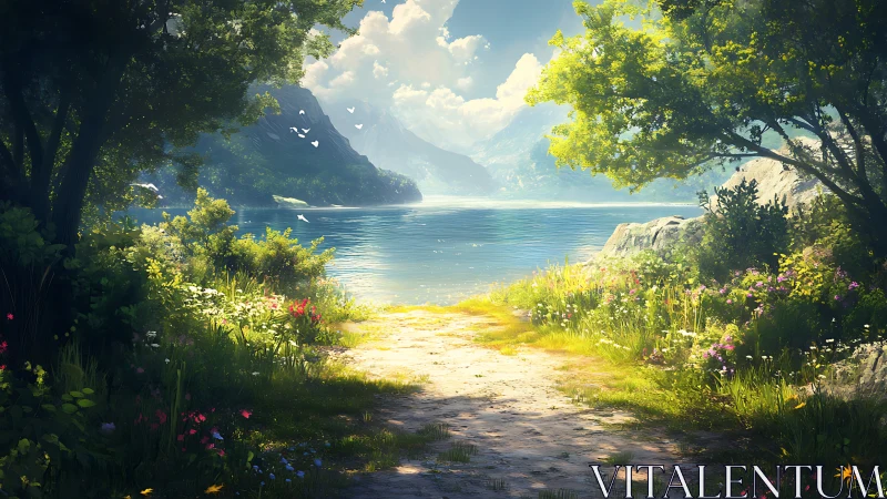 Lakeside path through dense foliage toward distant mountains.