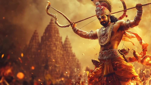 Heroic archer deity dramatized in fiery cinematic digital art