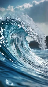 Breaking ocean wave curls toward camera under bright sky