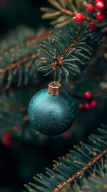 Photorealistic close-up of teal ornament on evergreen bough.