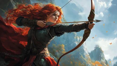 Aerodynamic archer in crimson cloak amid alpine updrafts.