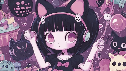 Candy-night catgirl conducts a pastel parade of spooky toys