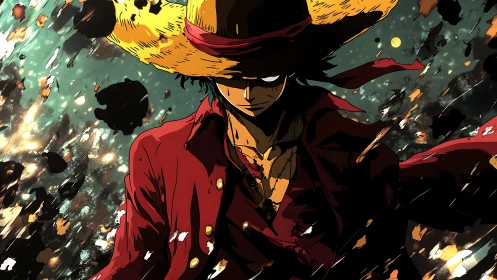 Straw-hatted hero strides through sparks with fierce resolve.