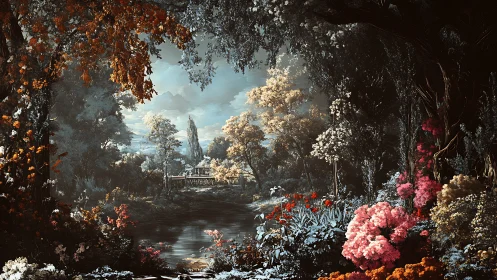 Whispering autumn garden cradles a distant riverside villa