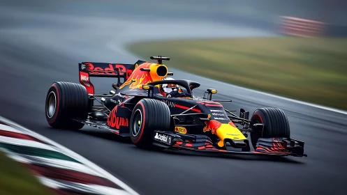 Red Bull F1 car attacking a wet circuit corner at speed.