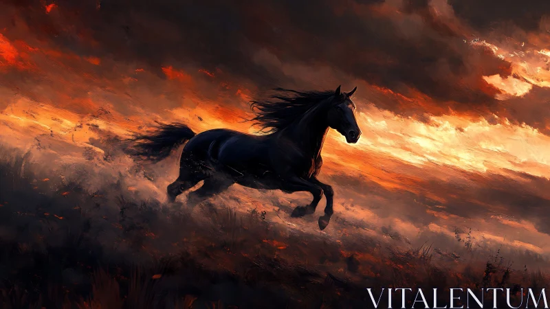 Midnight horse racing through a stormy painted sunset.