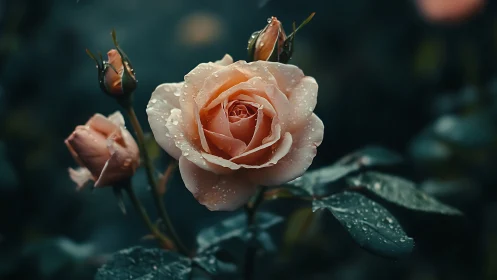 Peach-Toned Rose Bud With Hydrophobic Droplets and Emerging Florets