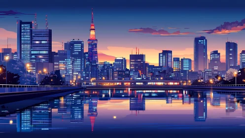 Neon city skyline glows over calm river at pastel dusk