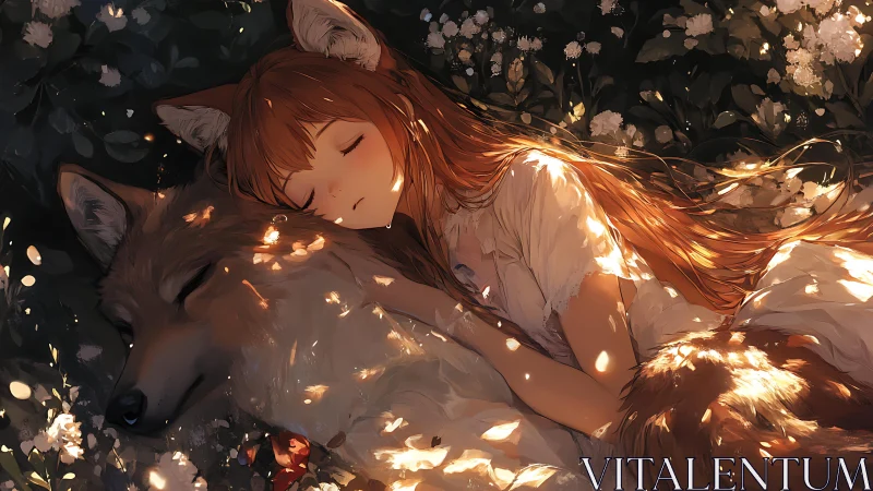 Girl with fox ears resting beside wolf in dappled light.