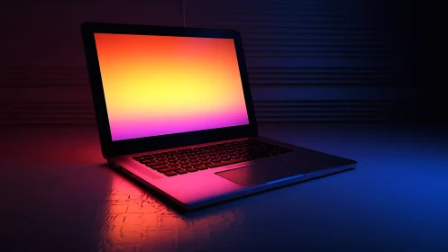 Open laptop displays gradient screen under colored lighting