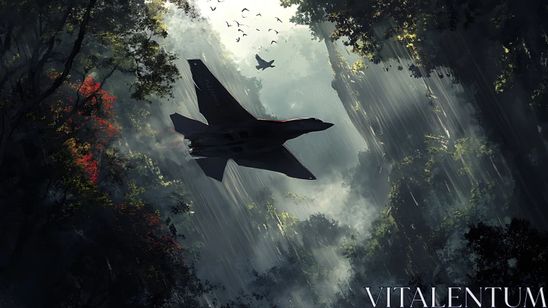 Stealth jet skimming misty jungle canyon under filtered daylight