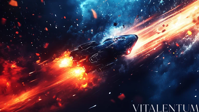 Digital painting of starship piercing a fiery cosmic slipstream.