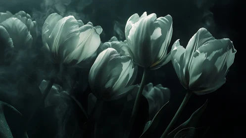 White Tulips with Striped Petals in Moody Teal Environment