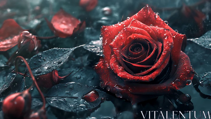 Red Rose with Water Droplets on Dark Textured Surface