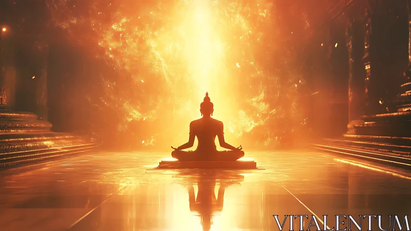 Radiant monk sits in calm meditation within golden light