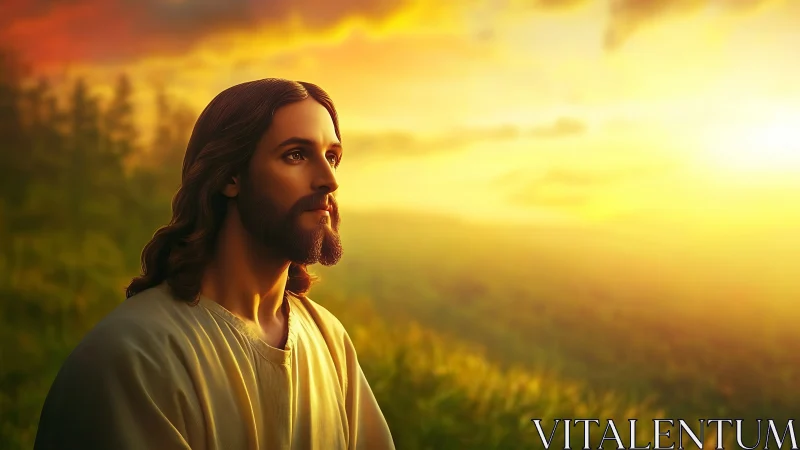 Portrait of robed man in glowing sunset landscape scene.