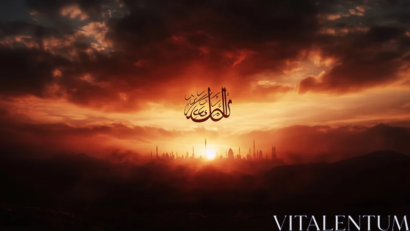 Crimson dawn over distant minarets and floating calligraphy.