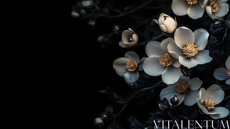 White flowers with gold stamens bloom against black background