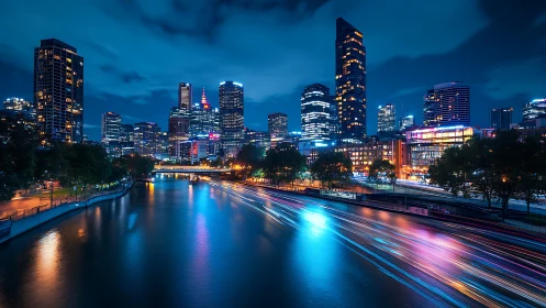 Long-exposure nocturnal cityscape with river reflections and light trails
