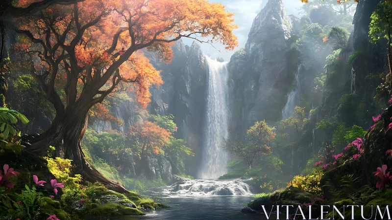 Luminous waterfall valley with autumn tree and flora.