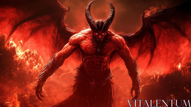 Fierce horned demon rising from blazing crimson fire.
