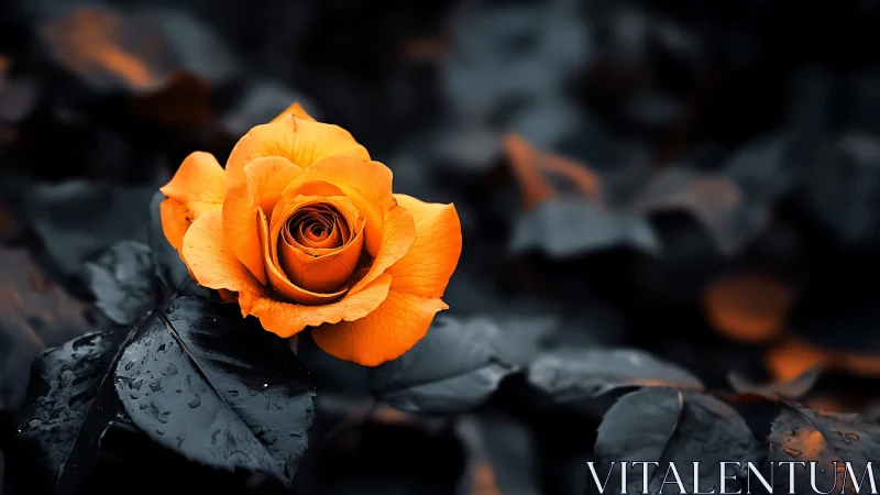 Vibrant Orange Rose Against Dark Charred Background.