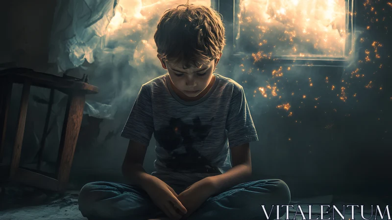 Quiet young dreamer rests in a glowing, magical doorway