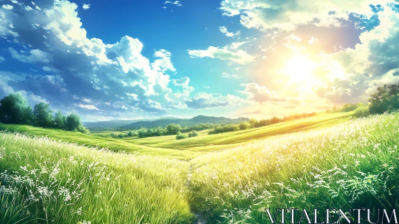 Sunlit grassland valley with rolling hills and clouded sky.