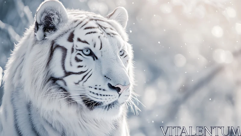 Regal white tiger in softly lit winter snowfall closeup.