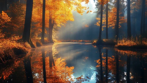 Autumn forest trees reflect on still river under soft sunlight