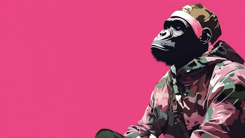 Gorilla in camouflage jacket against flat pink backdrop.