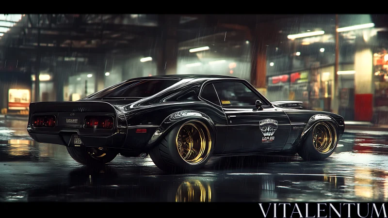 Custom muscle car gleams on rainy neon-lit city street.