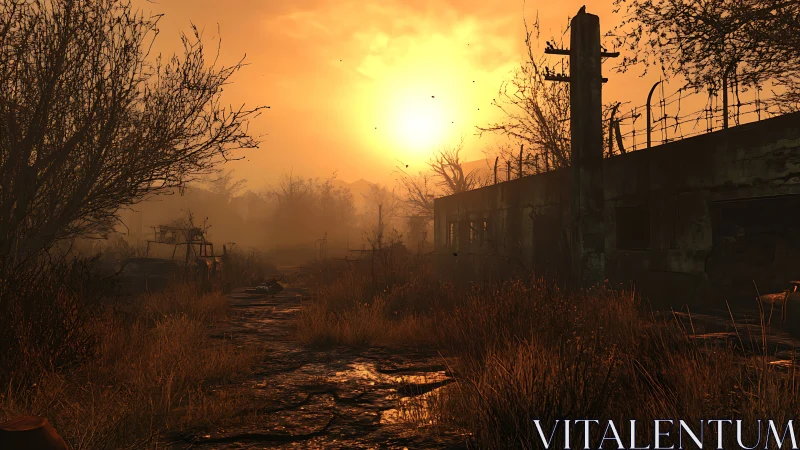 Deserted industrial path under low orange sunset light.