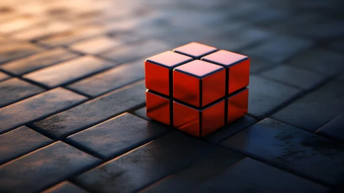 Red mirrored cube on wet stone tiles in warm light.